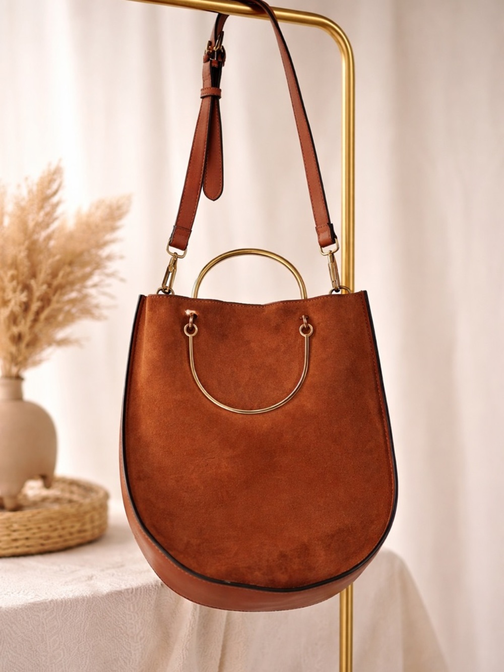 Charles & Keith Cognac Bag - Suede & Leather Ring Handles